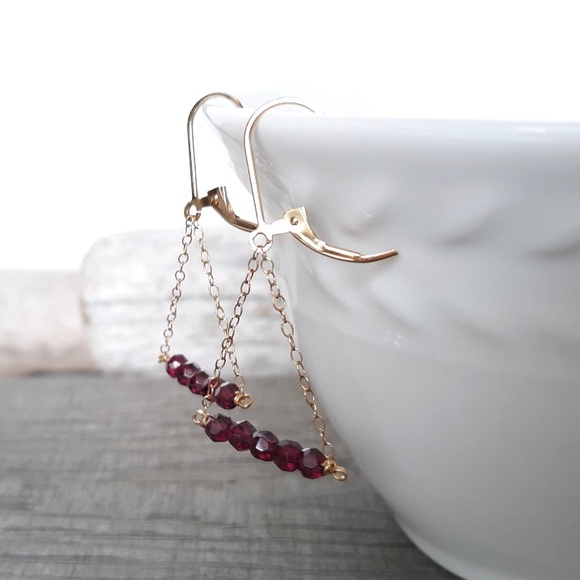 Garnet Earrings Lever Back 14k gold fill Dainty Dangle Handmade Natural Gemstone - Picture 2 of 4